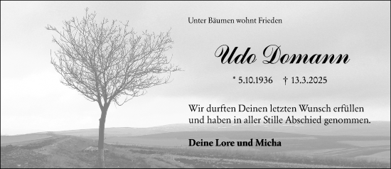 Traueranzeige von Udo Domann von Weilburger Tageblatt