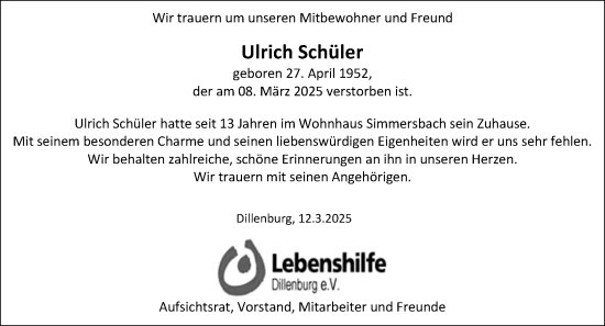 Traueranzeige von Ulrich Schüler von Dill Block