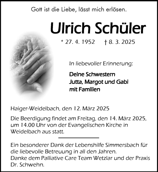 Traueranzeige von Ulrich Schüler von Dill Block