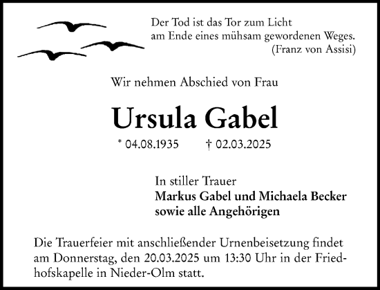 Traueranzeige von Ursula Gabel von Allgemeine Zeitung Mainz