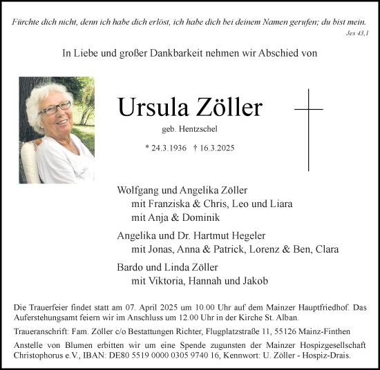Traueranzeige von Ursula Zöller von Allgemeine Zeitung Mainz