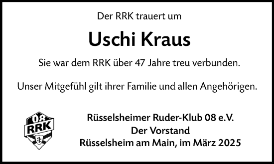 Traueranzeige von Uschi Kraus von Rüsselsheimer Echo