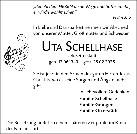 Traueranzeige von Uta Schellhase von Wetzlarer Neue Zeitung