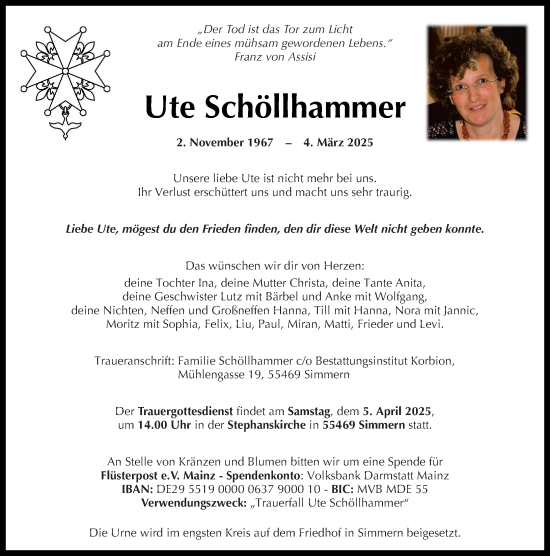 Traueranzeige von Ute Schöllhammer von Allgemeine Zeitung Mainz