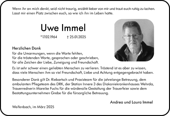 Traueranzeige von Uwe Immel von Hinterländer Anzeiger
