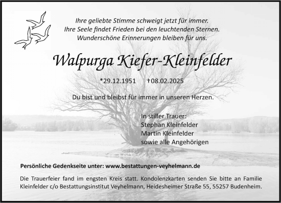 Traueranzeige von Walpurga Kiefer-Kleinfelder von Allgemeine Zeitung Mainz