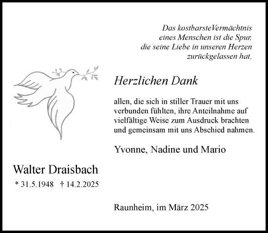 Traueranzeige von Walter Draisbach von Rüsselsheimer Echo