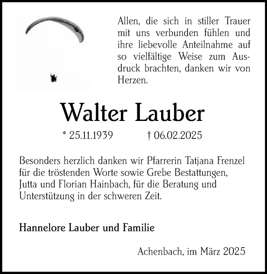 Traueranzeige von Walter Lauber von Hinterländer Anzeiger