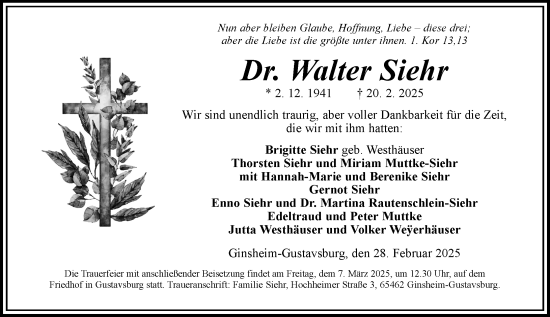 Traueranzeige von Walter Siehr von Allgemeine Zeitung Mainz