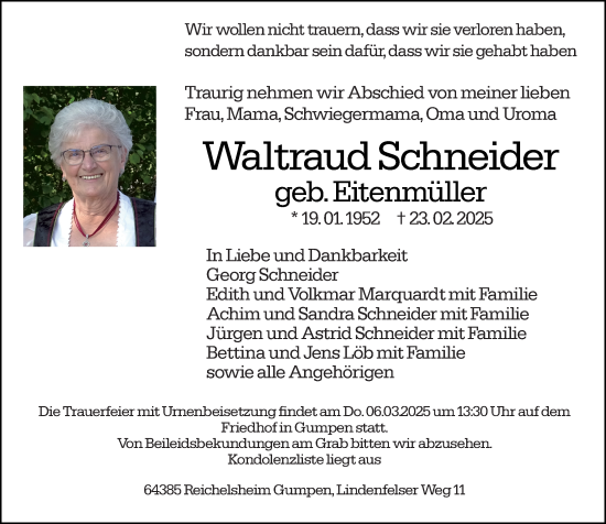 Traueranzeige von Waltraud Schneider von Bergsträßer Anzeiger