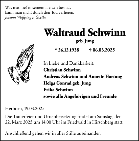 Traueranzeige von Waltraud Schwinn von Dill Block