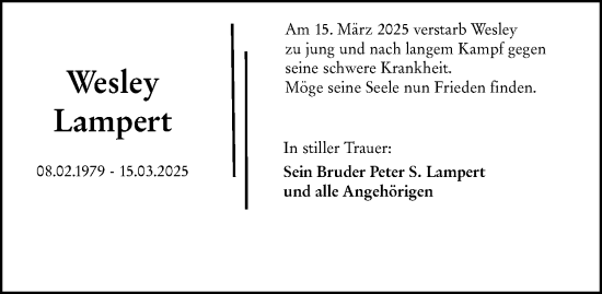 Traueranzeige von Wesley Lampert von Wiesbadener Kurier