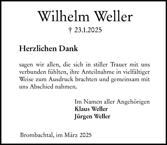Traueranzeige von Wilhelm Weller von Odenwälder Echo