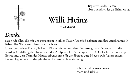 Traueranzeige von Willi Heinz von Wetzlarer Neue Zeitung