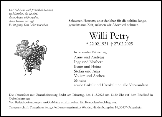 Traueranzeige von Willi Petry von Allgemeine Zeitung Rheinhessen-Nahe