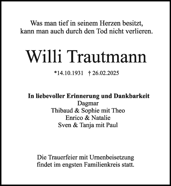 Traueranzeige von Willi Trautmann von Odenwälder Echo