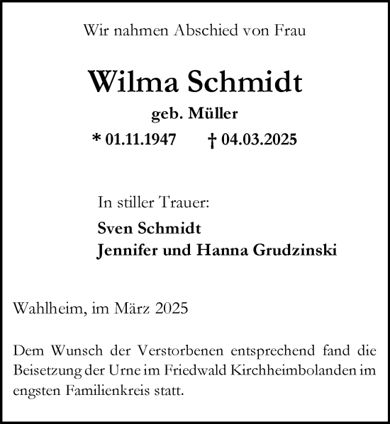 Traueranzeige von Wilma Schmidt von Allgemeine Zeitung Mainz