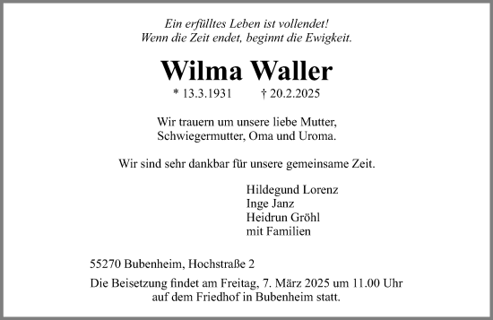 Traueranzeige von Wilma Waller von Allgemeine Zeitung Rheinhessen-Nahe