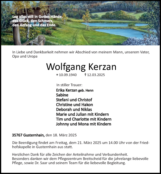 Traueranzeige von Wolfgang Kerzan von Dill Block