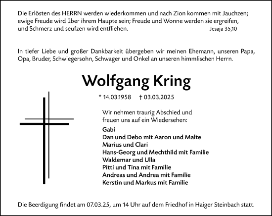 Traueranzeige von Wolfgang Kring von Dill Block
