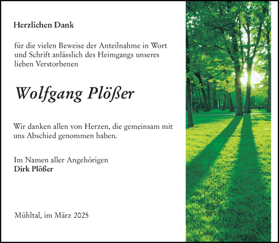 Traueranzeige von Wolfgang Plößer von Darmstädter Echo