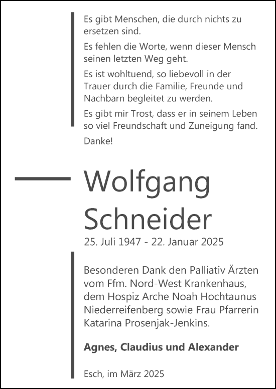 Traueranzeige von Wolfgang Schneider von Camberger Anzeiger