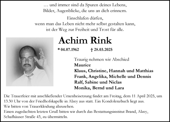 Traueranzeige von Achim Rink von Allgemeine Zeitung Alzey