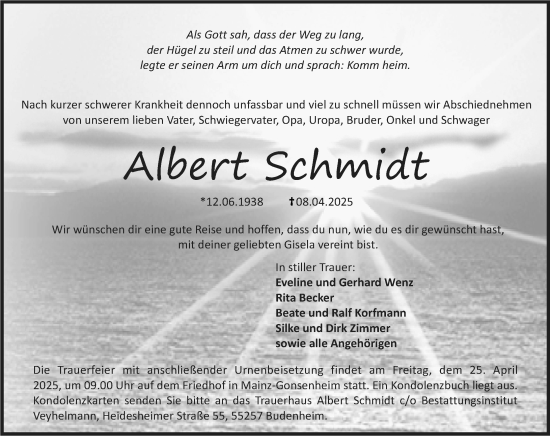 Traueranzeige von Albert Schmidt von Allgemeine Zeitung Mainz