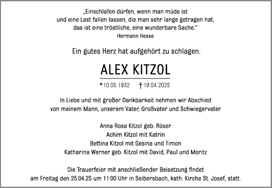 Traueranzeige von Alex Kitzol von Allgemeine Zeitung Rheinhessen-Nahe