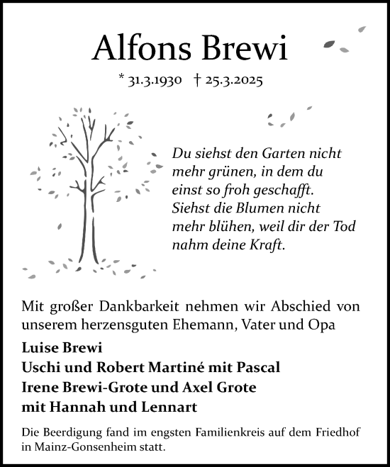 Traueranzeige von Alfons Brewi von Allgemeine Zeitung Mainz
