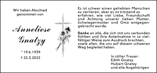 Traueranzeige von Anneliese Gnatzy von Hochheimer Zeitung