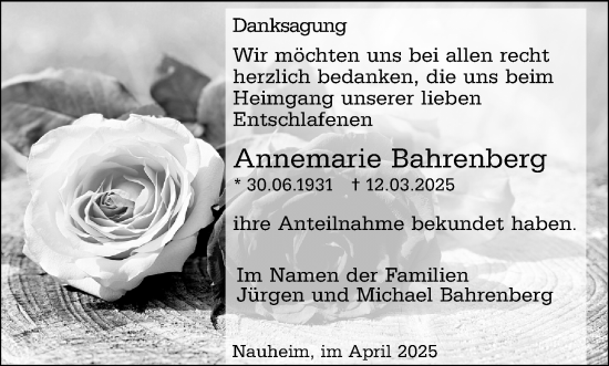 Traueranzeige von Annemarie Bahrenberg von Groß-Gerauer Echo