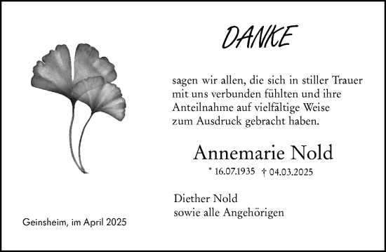 Traueranzeige von Annemarie Nold von Groß-Gerauer Echo