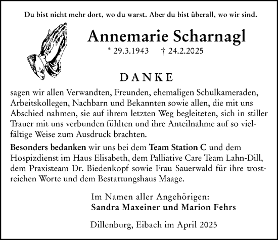 Traueranzeige von Annemarie Scharnagl von Dill Block