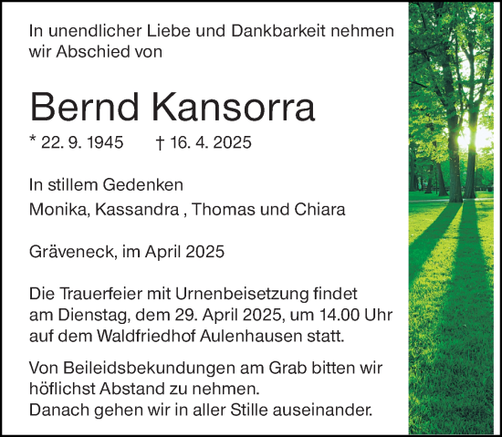 Traueranzeige von Bernd Kansorra von Weilburger Tageblatt