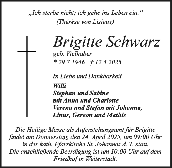 Traueranzeige von Brigitte Schwarz von Darmstädter Echo