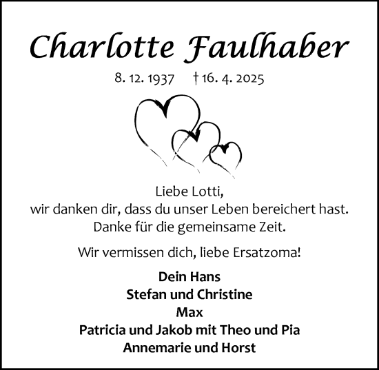 Traueranzeige von Charlotte Faulhaber von Odenwälder Echo
