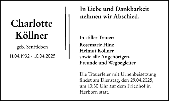 Traueranzeige von Charlotte Köllner von Dill Block
