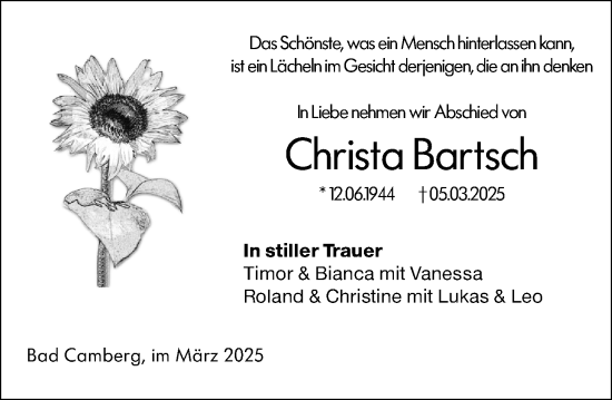 Traueranzeige von Christa Bartsch von Camberger Anzeiger