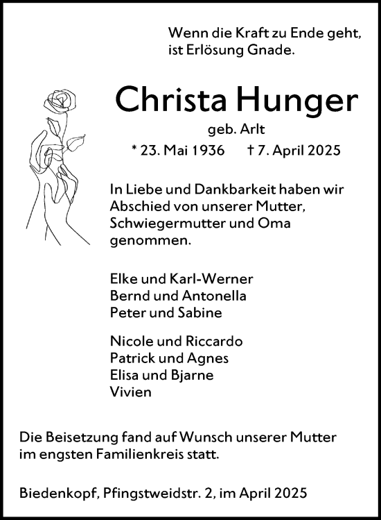 Traueranzeige von Christa Hunger von Hinterländer Anzeiger