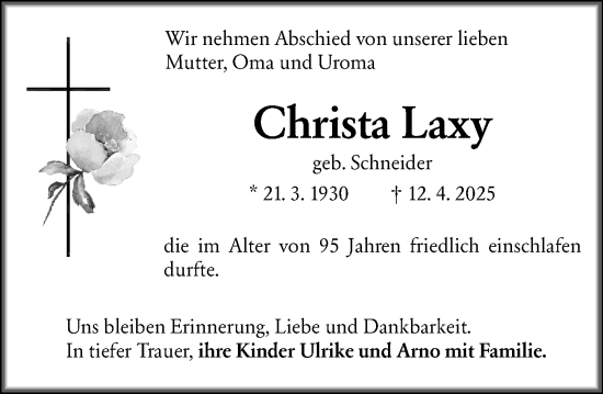 Traueranzeige von Christa Laxy von Wiesbadener Kurier
