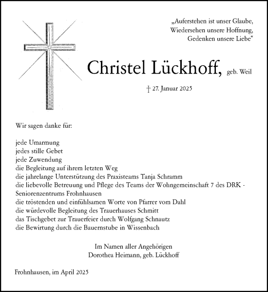 Traueranzeige von Christel Lückhoff von Dill Block