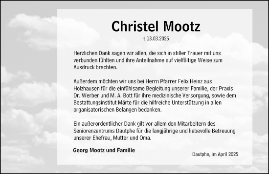 Traueranzeige von Christel Mootz von Hinterländer Anzeiger