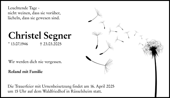 Traueranzeige von Christel Segner von Rüsselsheimer Echo