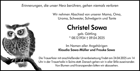 Traueranzeige von Christel Sowa von Wetzlarer Neue Zeitung