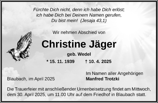 Traueranzeige von Christine Jäger von Allgemeine Zeitung Mainz