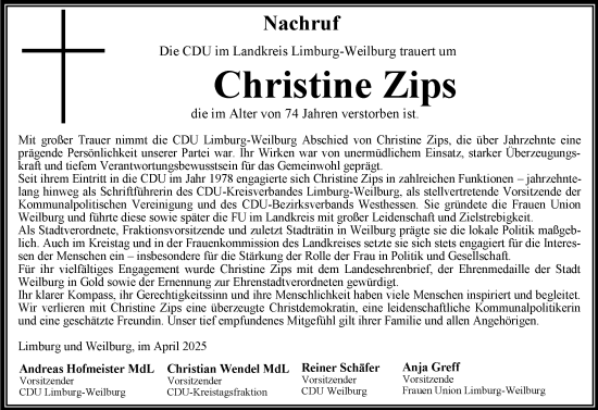 Traueranzeige von Christine Zips von Weilburger Tageblatt