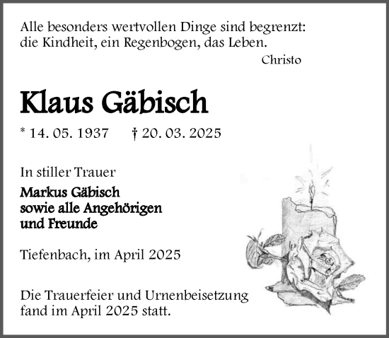 Traueranzeige von Christo Klaus Gäbisch von Wetzlarer Neue Zeitung