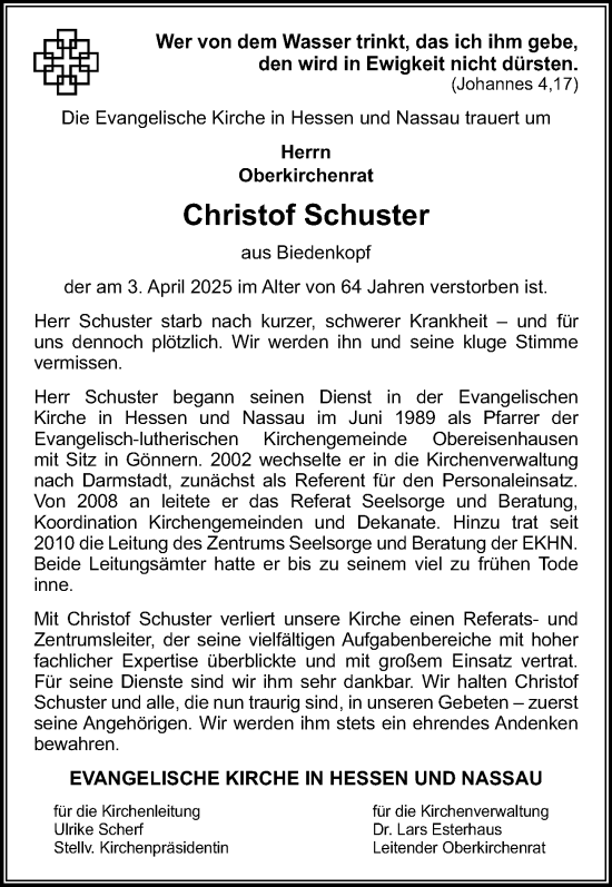Traueranzeige von Christof Schuster von Hinterländer Anzeiger