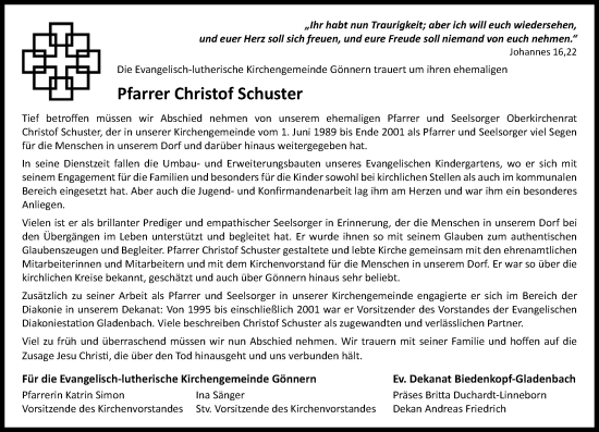 Traueranzeige von Christof Schuster von Hinterländer Anzeiger